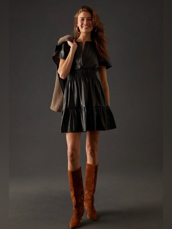 Anthropologie Dresses & Skirts - Anthropologie Somerset Vegan Leather Mini Dress Black Smocked Tiered Sz  LP EUC